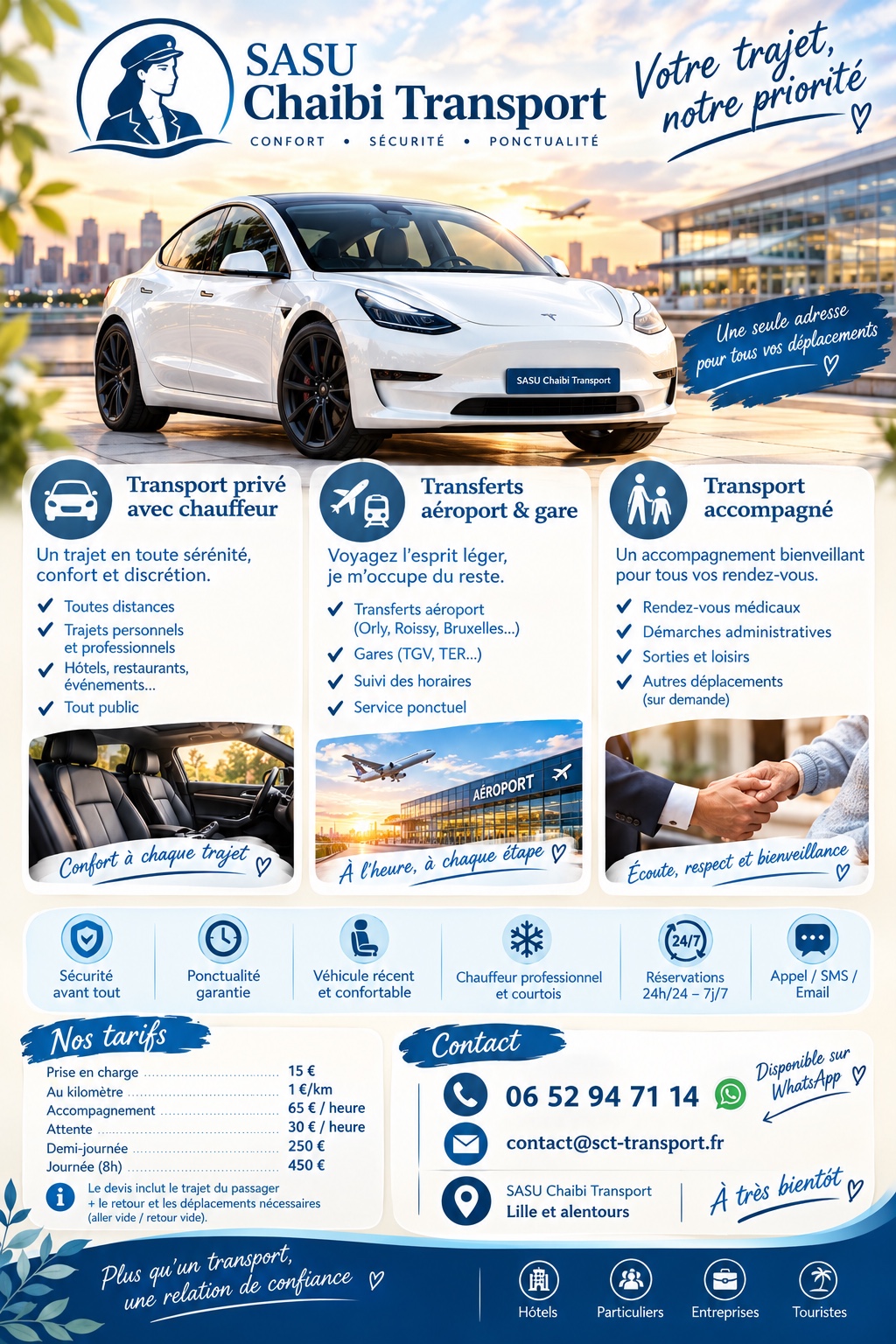 Tesla blanche du visuel Chaibi Transport devant un aéroport